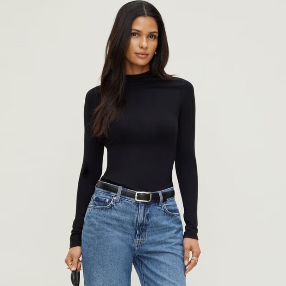 SHEIN Black Ribbed Mock Neck Long Sleeve Top Slim Layering Basic Small S